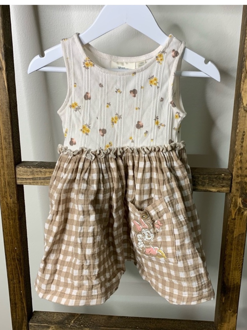 Disney Cream and Brown Gingham Ribbed Dress with Floral Print Size 18M